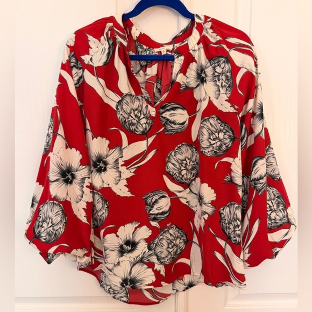 JODIFL S Red Floral Peasant Boho Top Oversized Relaxed Fit